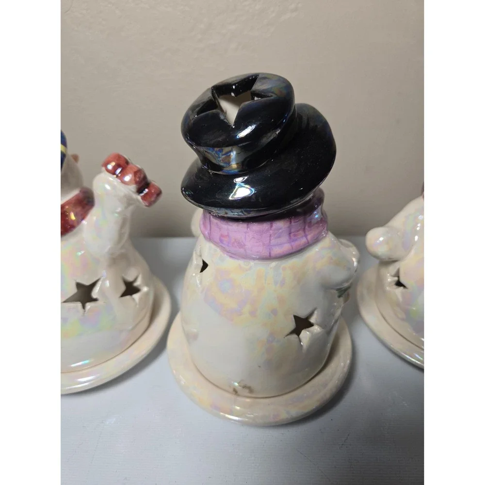 Vintage Ceramic Snowman Tealight Candle Holder Lot of 3 Christmas Holiday Decor